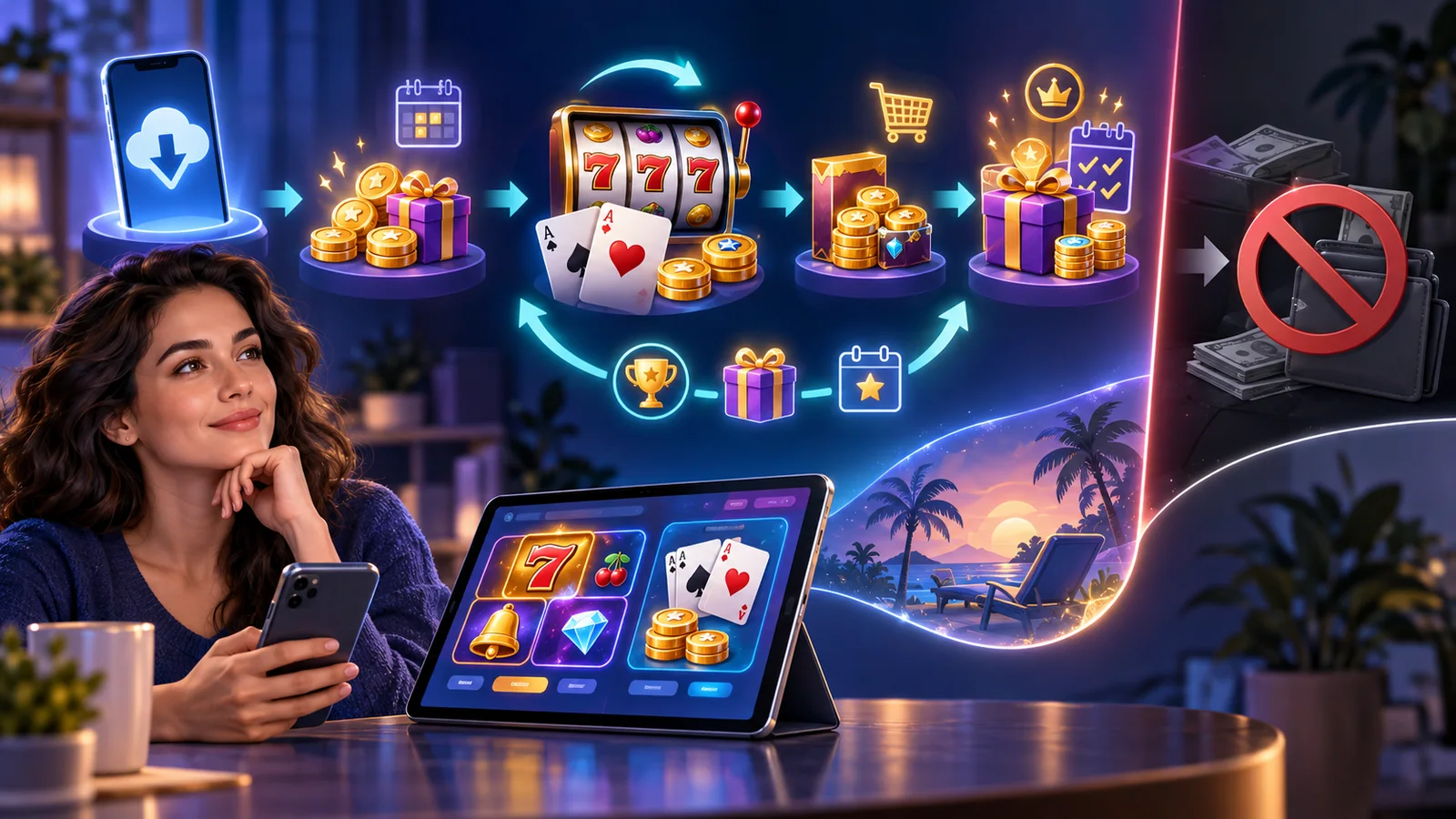 Layered social casino loop from download and virtual-token grants through play, purchases, and rewards
